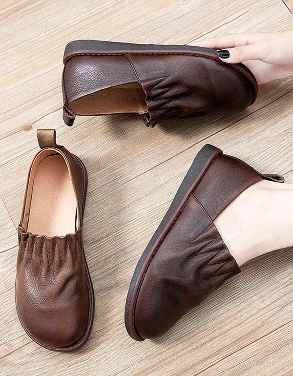 Autumn Comfort Round Head Pleated Leather Flats