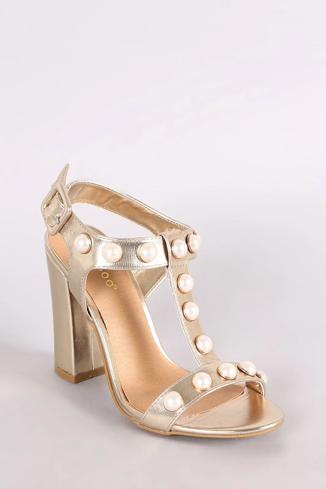 Bamboo Metallic Faux Pearl T-Strap Chunky Heel