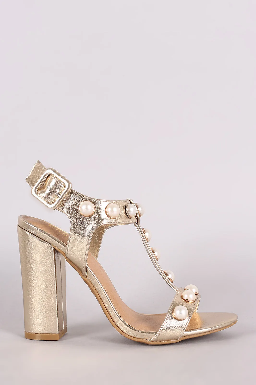 Bamboo Metallic Faux Pearl T-Strap Chunky Heel