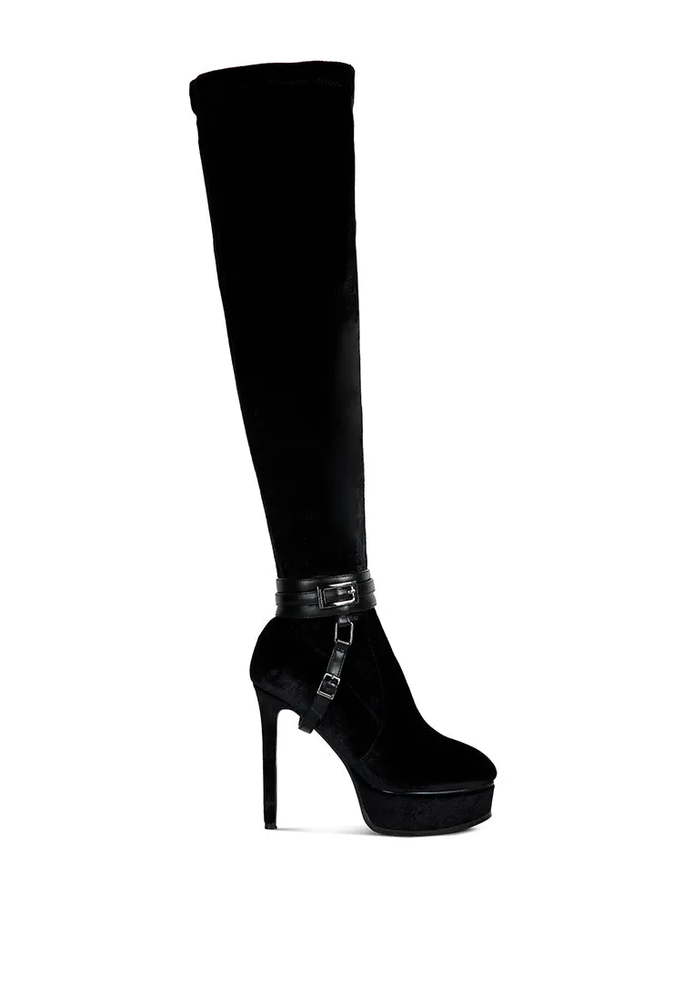 Bison High Heeled Long Velvet Boots