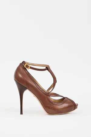 Brown Leather Trimmed Strap Heel