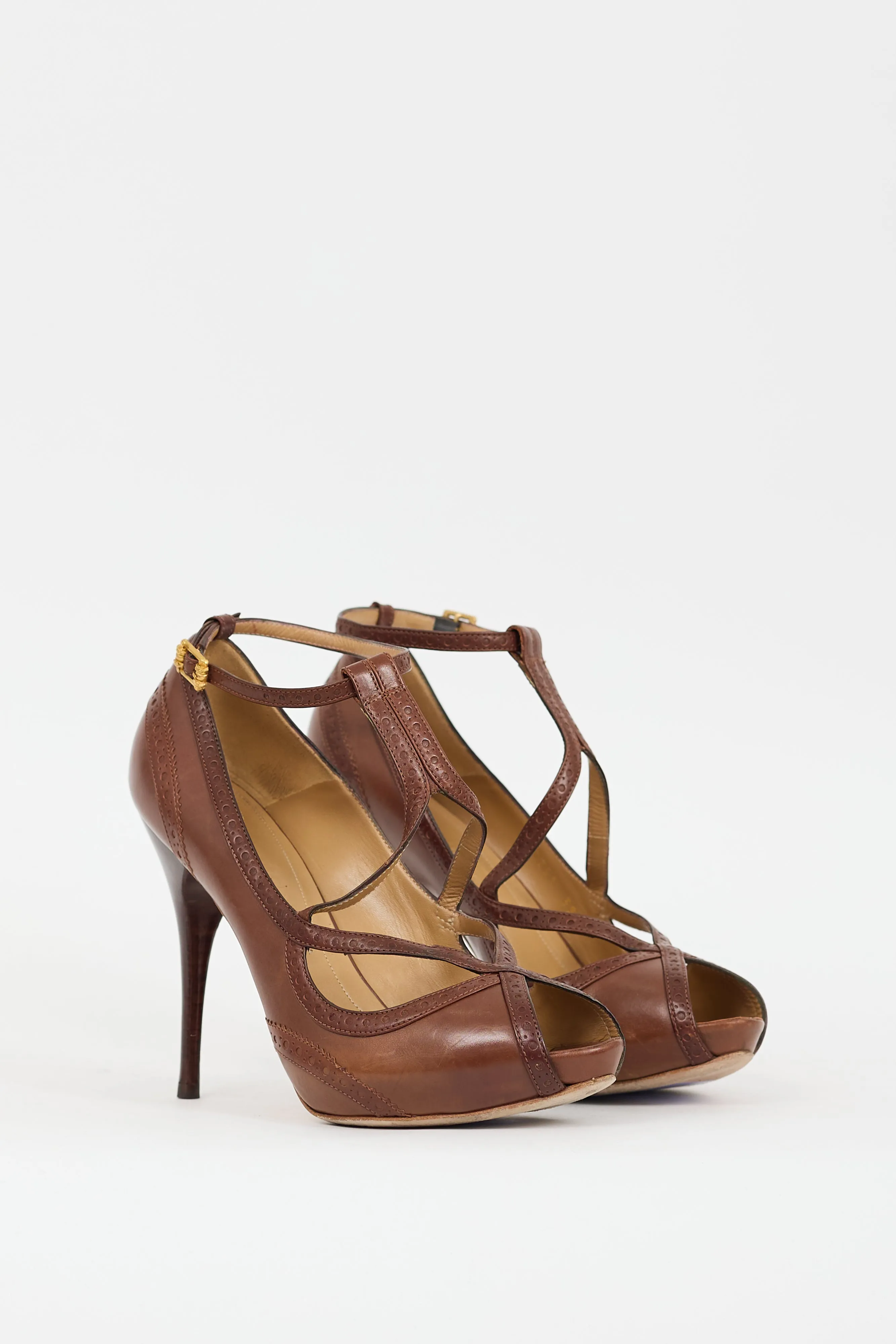 Brown Leather Trimmed Strap Heel