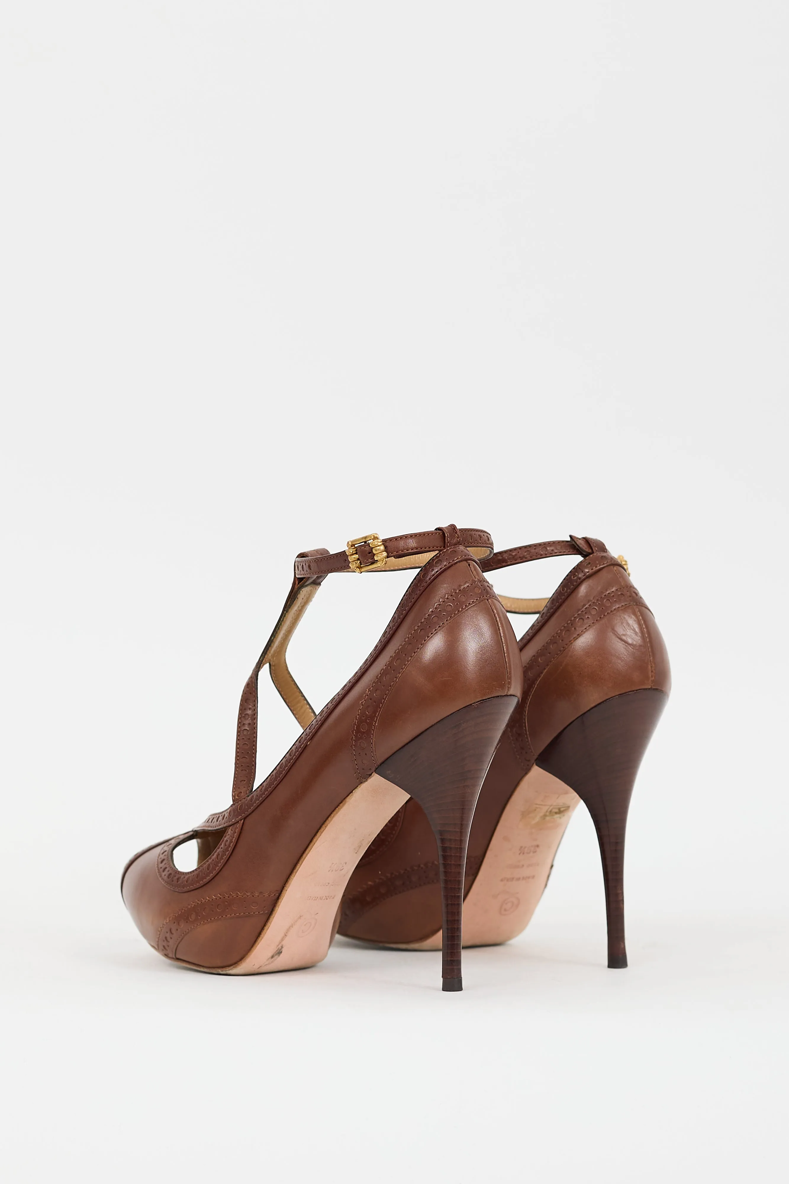 Brown Leather Trimmed Strap Heel