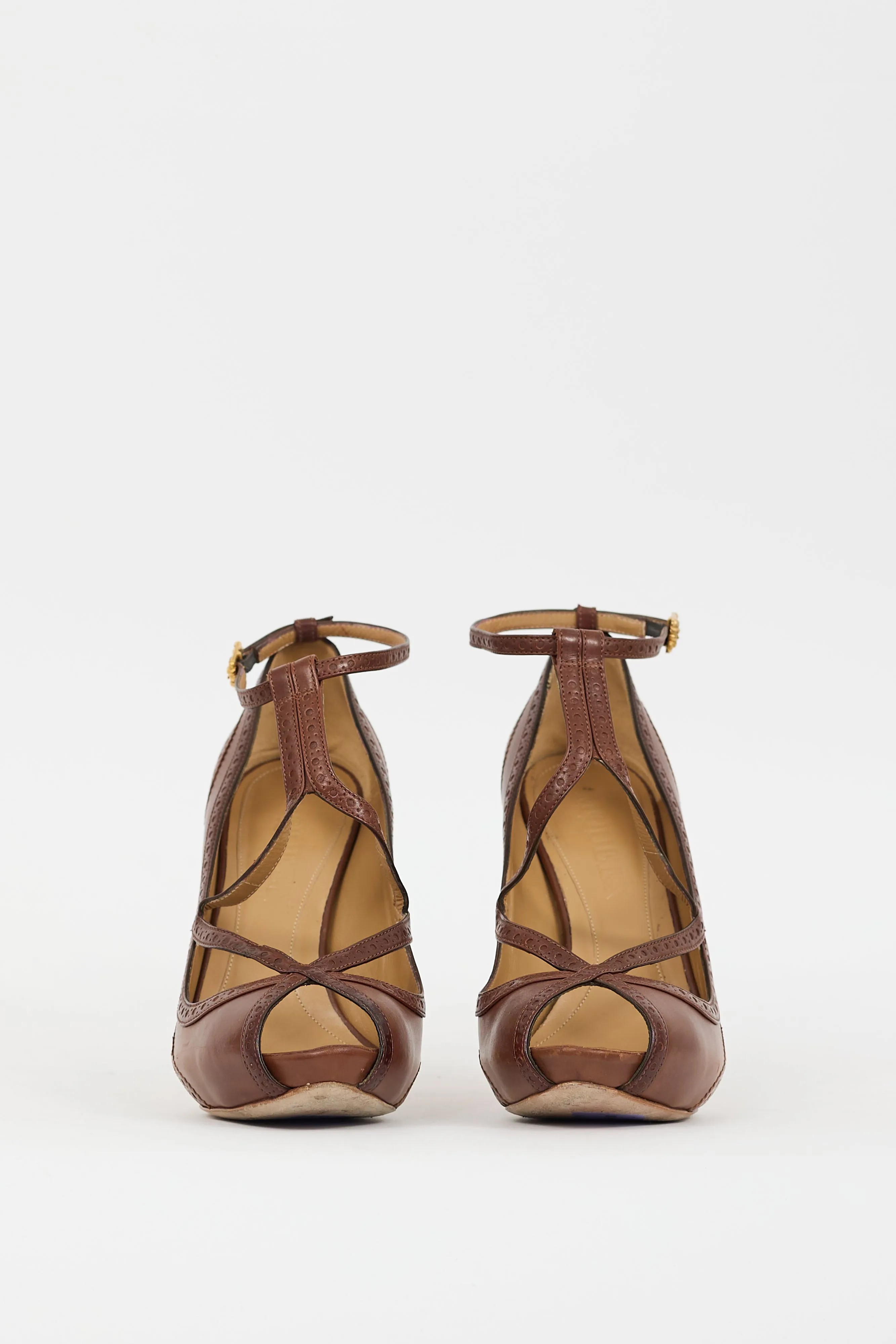 Brown Leather Trimmed Strap Heel