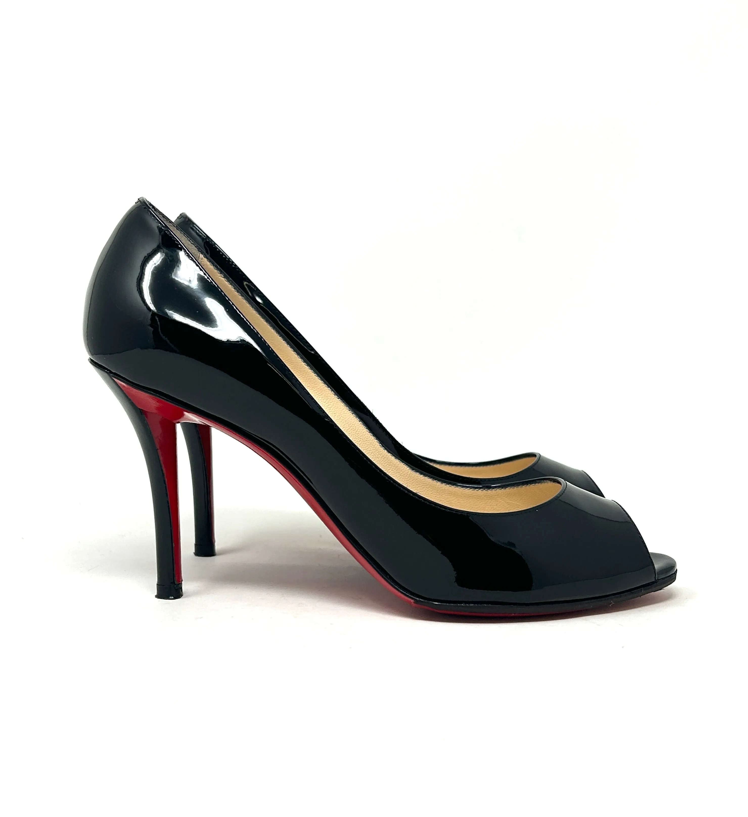 Christian Louboutin You You 85 Black Patent Leather Peep Toe Heels 37 UK 4