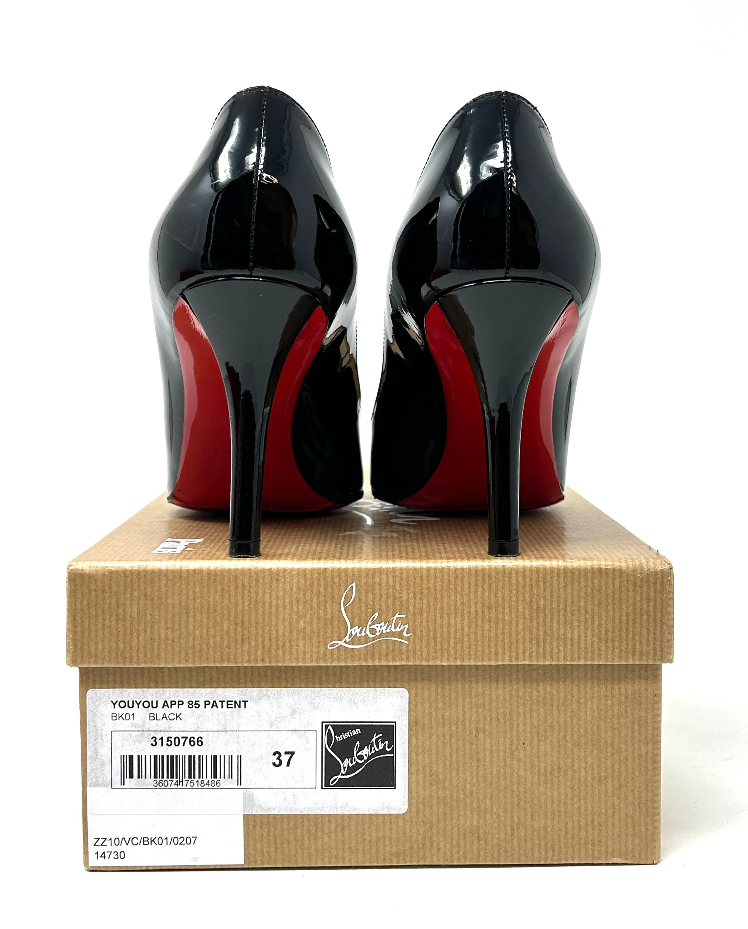 Christian Louboutin You You 85 Black Patent Leather Peep Toe Heels 37 UK 4