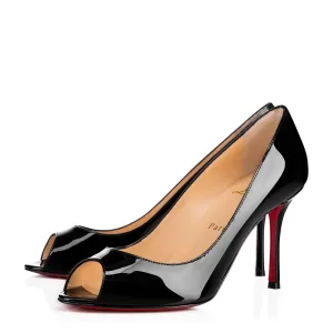 Christian Louboutin You You 85 Black Patent Leather Peep Toe Heels 37 UK 4