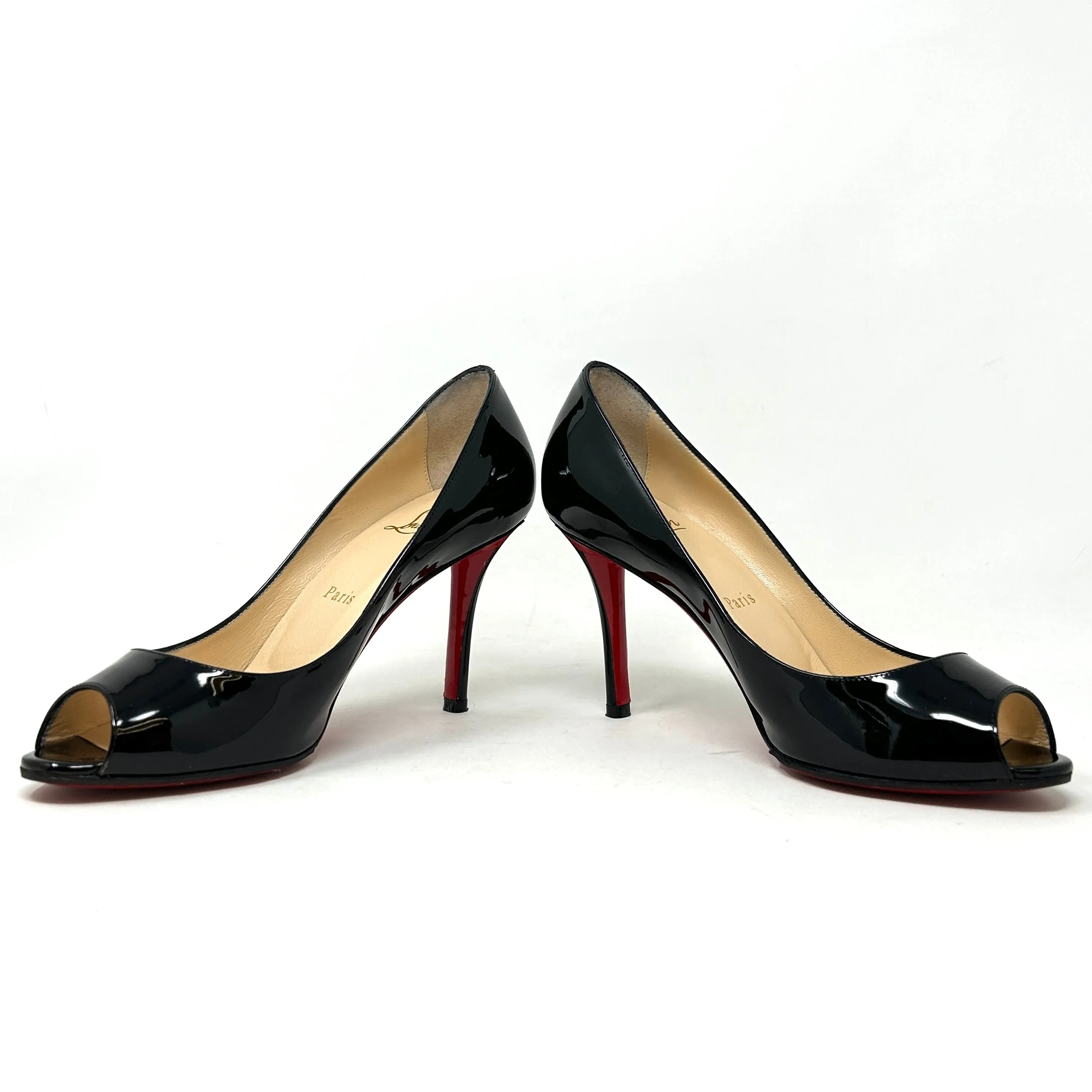 Christian Louboutin You You 85 Black Patent Leather Peep Toe Heels 37 UK 4