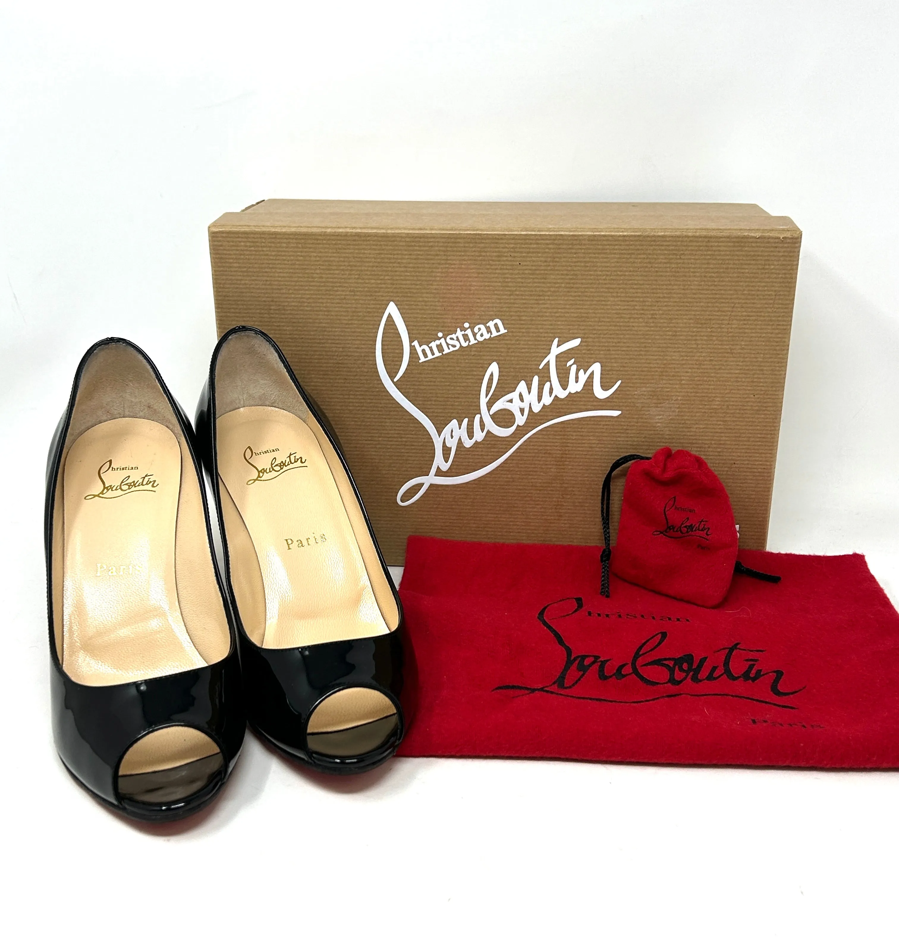 Christian Louboutin You You 85 Black Patent Leather Peep Toe Heels 37 UK 4