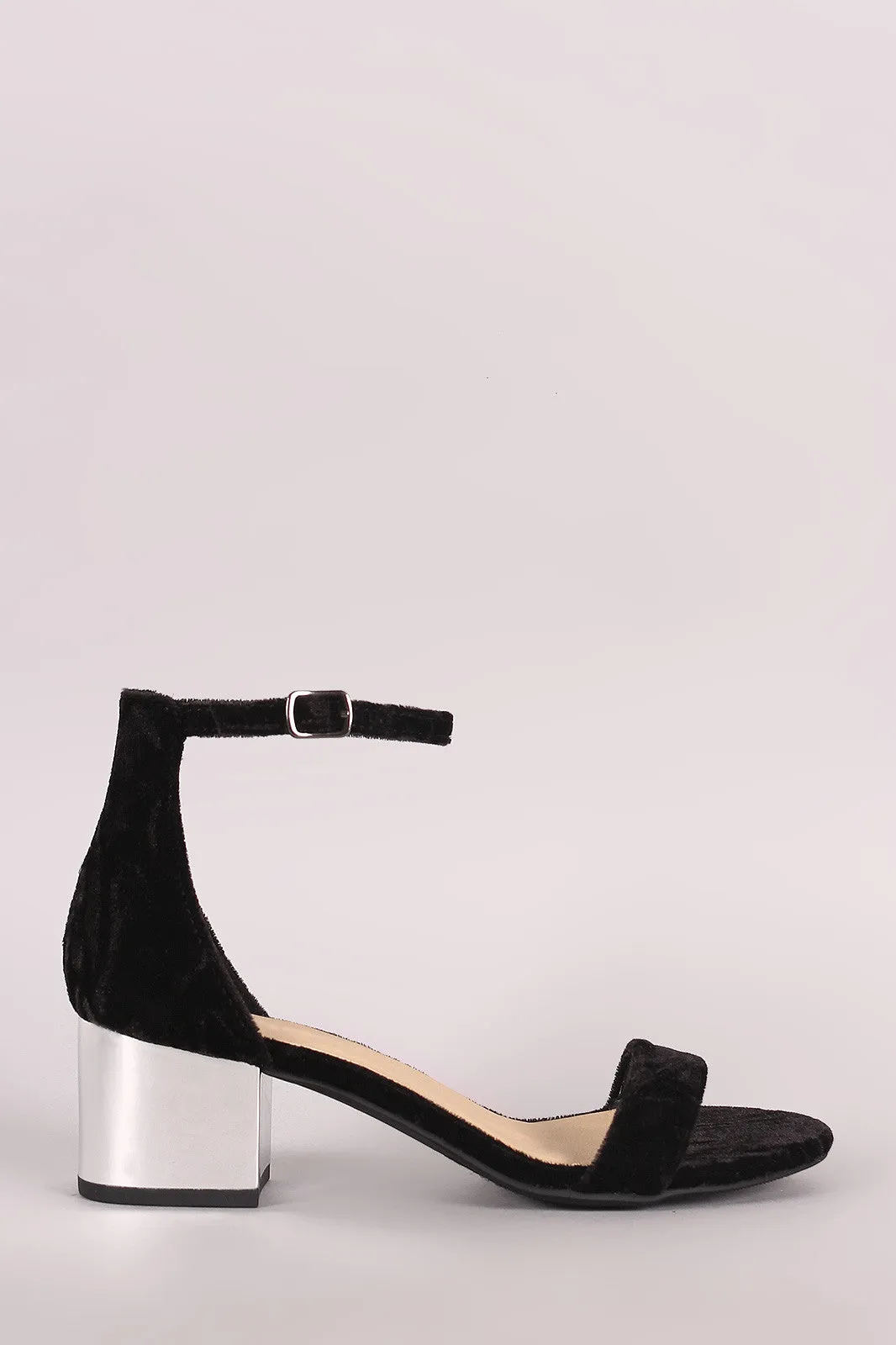 City Classified Crushed Velvet Ankle Strap Metallic Block Heel