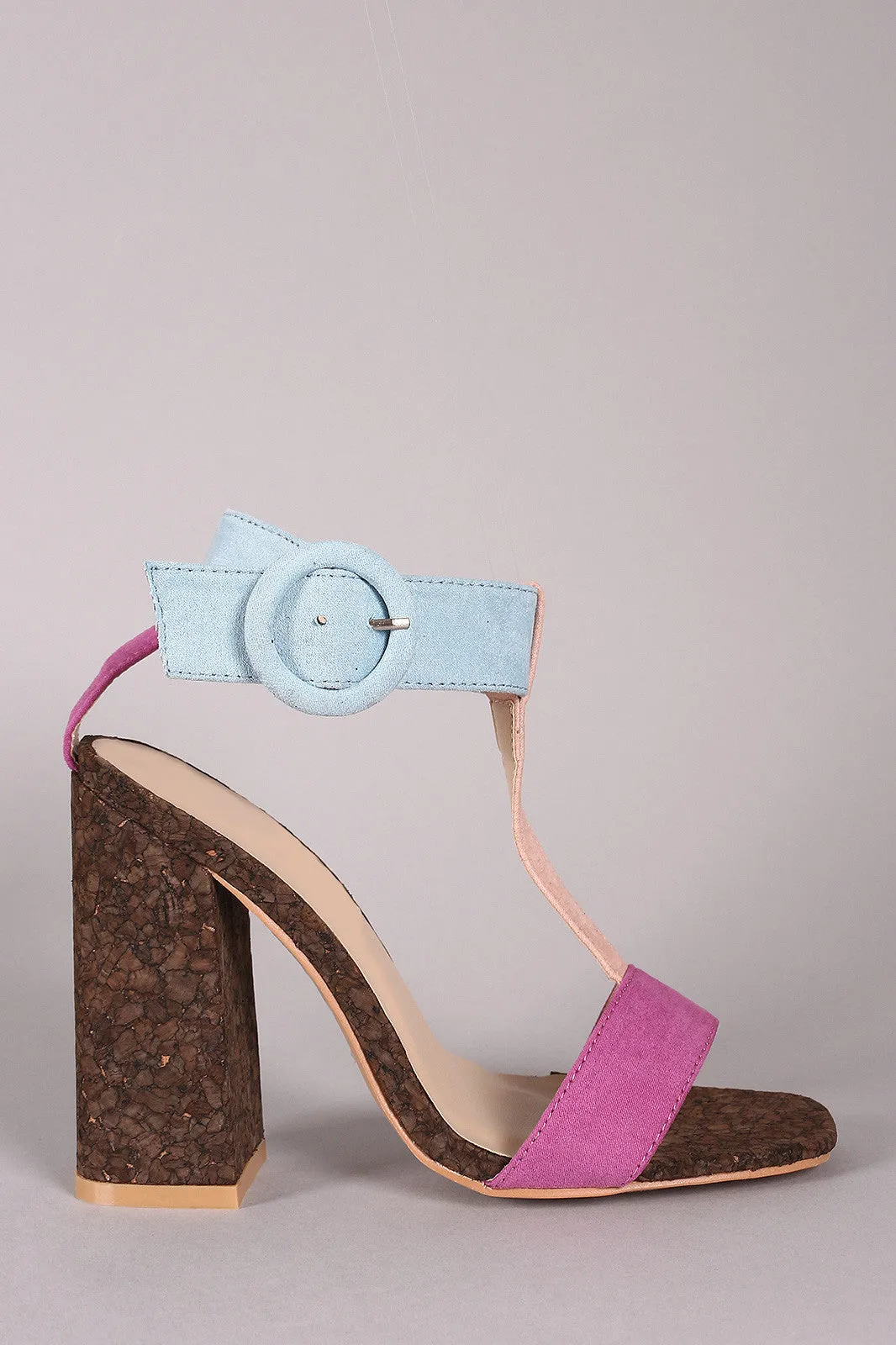 Color Block T Strap Chunky Cork Heel