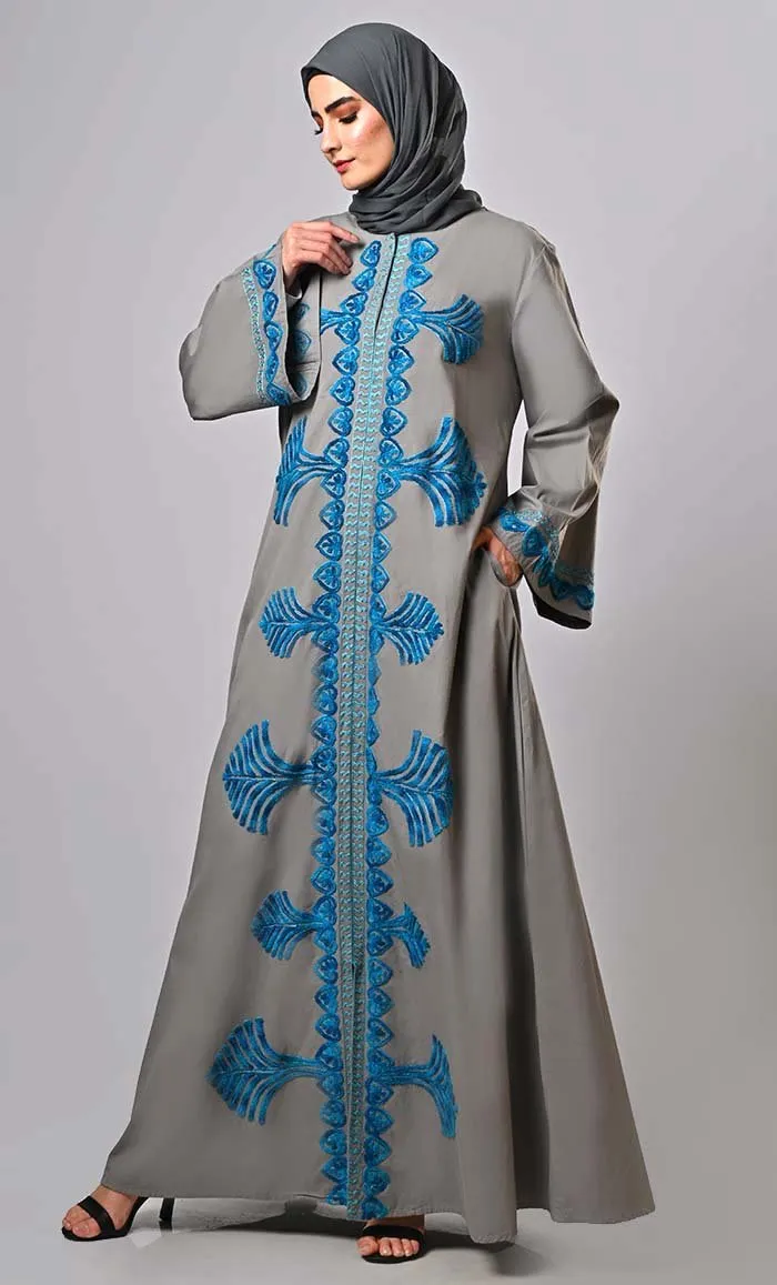 Designer Islamic Mughal Aari Work Detailing Abaya With Pockets