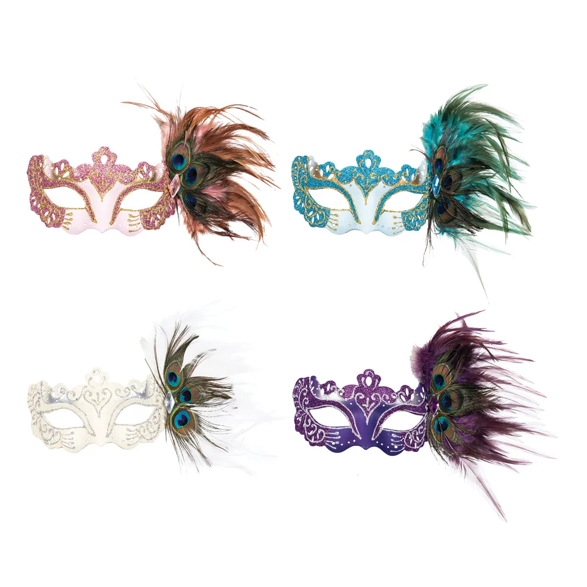 Fancy Side Feather Masks, Asst. of 4