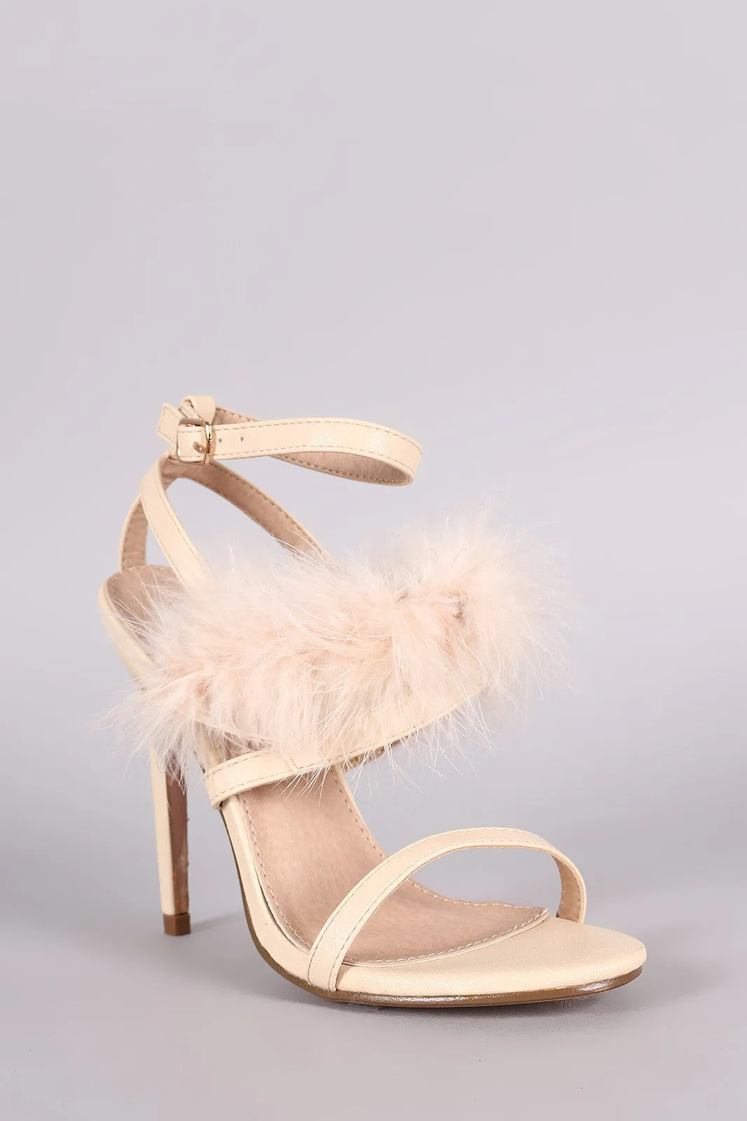 Feather Embellished Ankle Strap Open Toe Heel