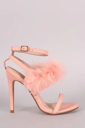 Feather Embellished Ankle Strap Open Toe Heel