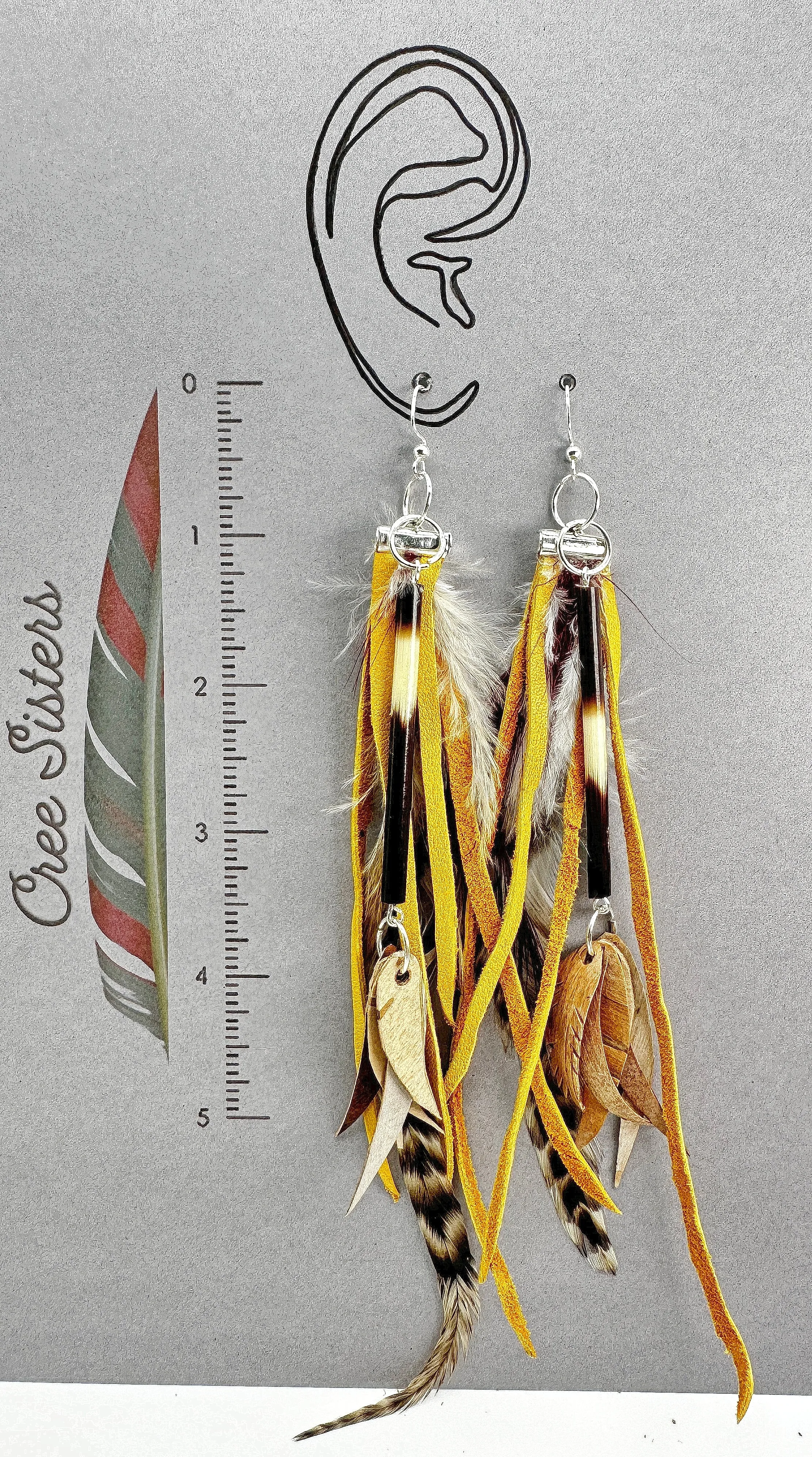 Indigenous Handcrafted Earrings - Feathers w/ Porcupine & Deer Leather