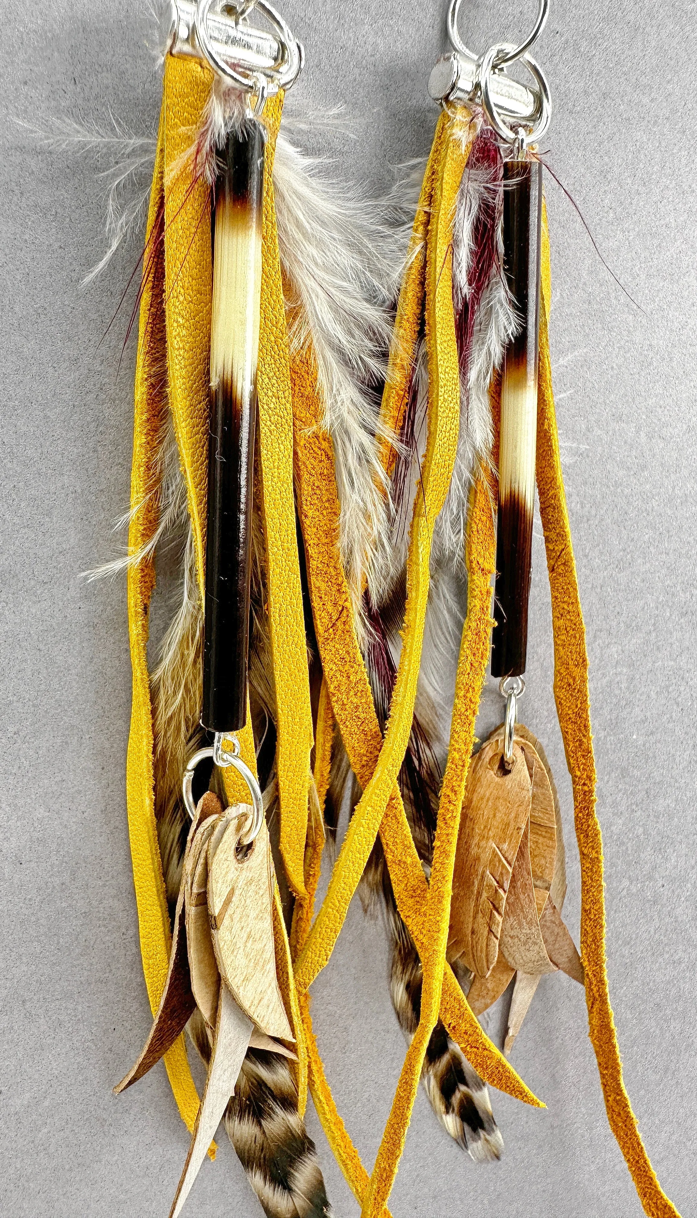 Indigenous Handcrafted Earrings - Feathers w/ Porcupine & Deer Leather