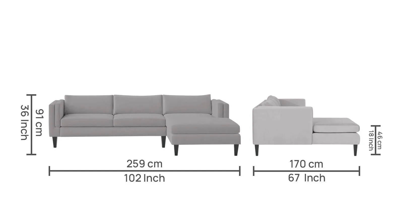 Jasper Velvet LHS Sectional Sofa (3 Lounger) in Concrete grey Colour