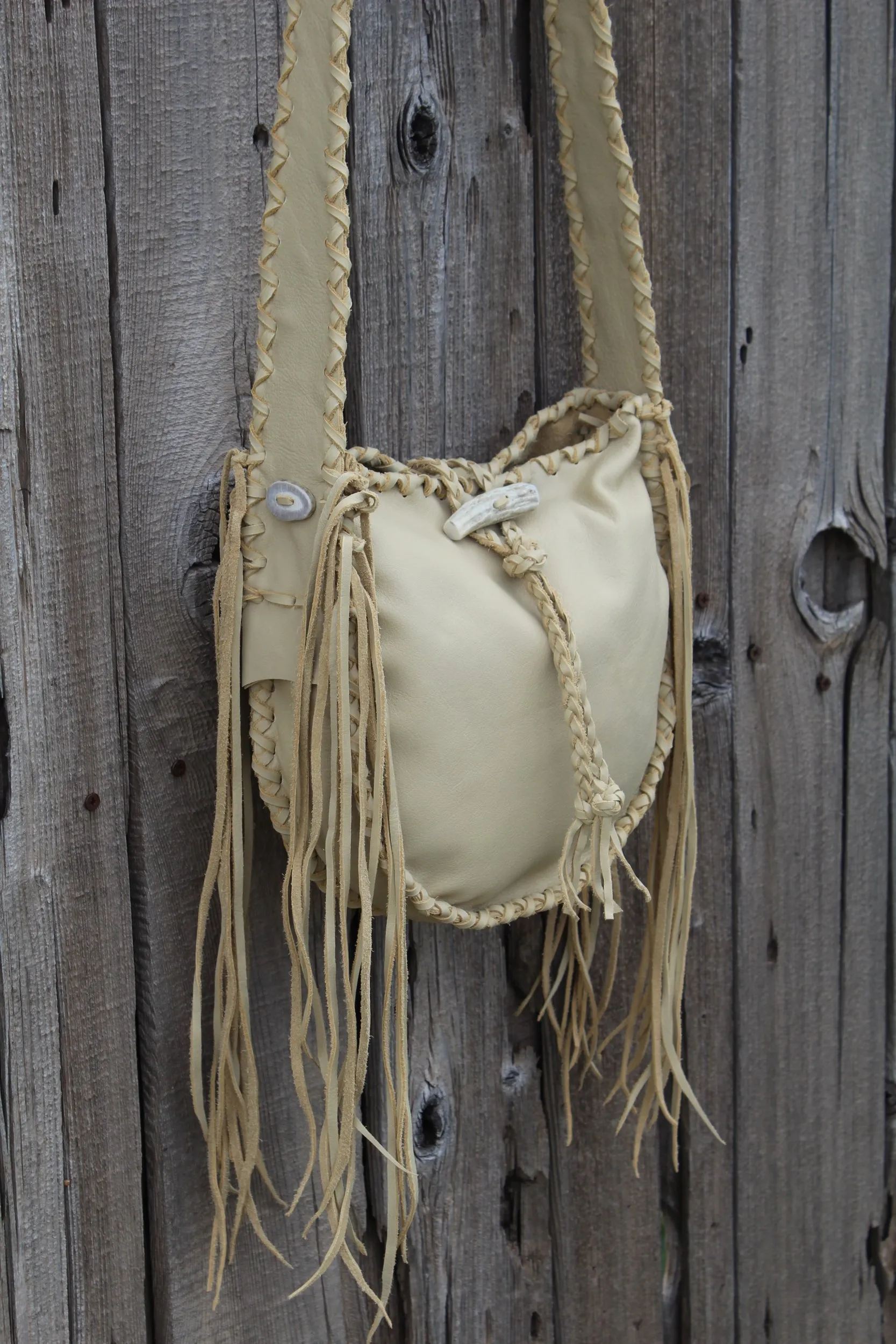 Leather tote handbag , fringed leather tote