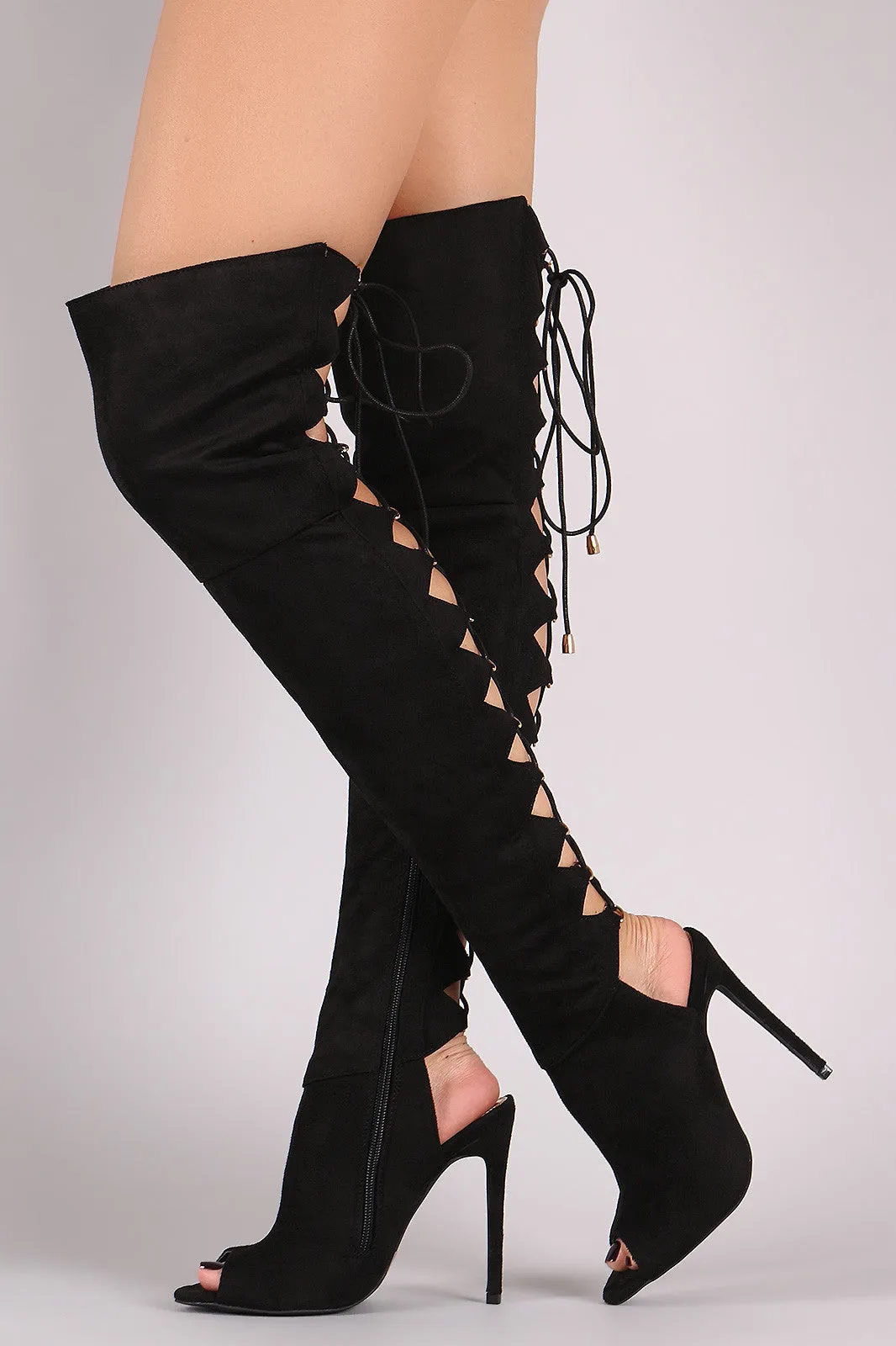 Liliana Corset Back Peep Toe Stiletto OTK Boots