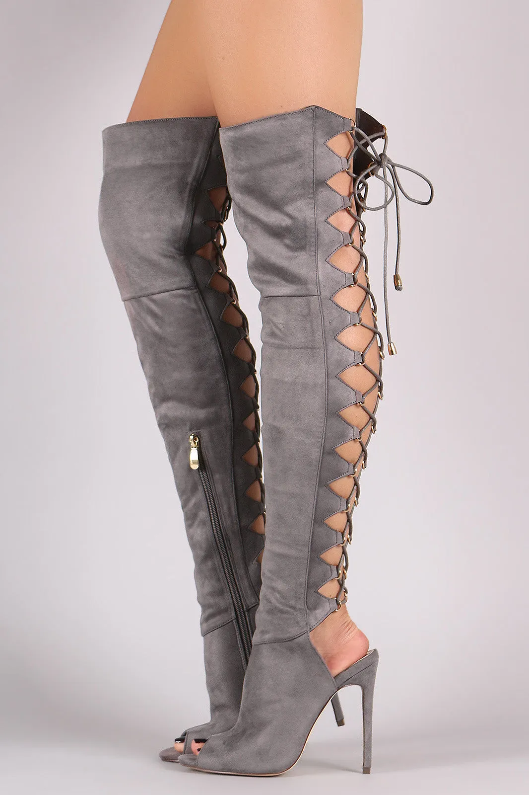 Liliana Corset Back Peep Toe Stiletto OTK Boots