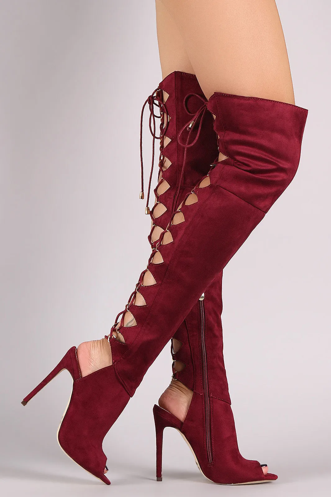 Liliana Corset Back Peep Toe Stiletto OTK Boots