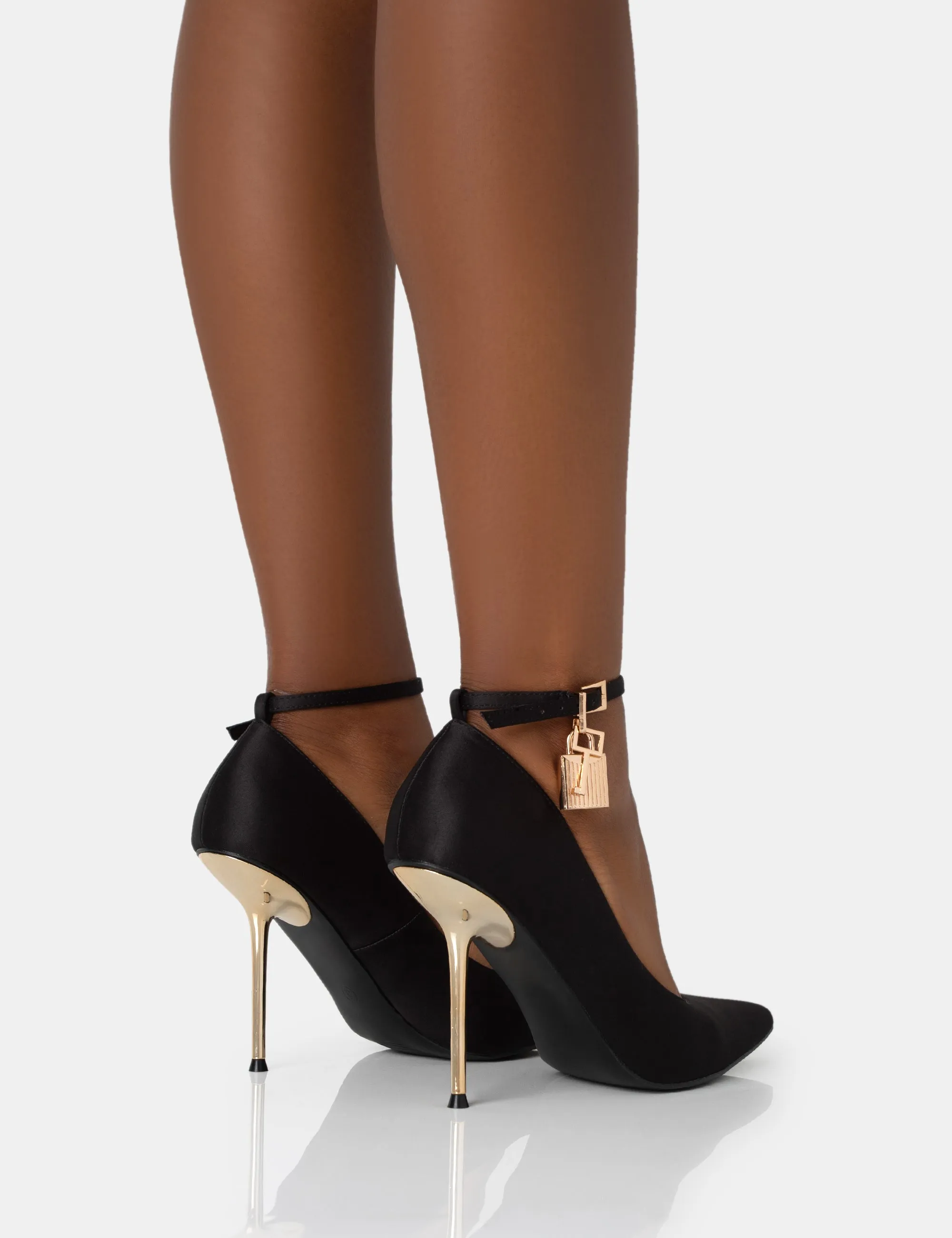 Lotty Black Satin Padlock Ankle Detail Pointed Court Stiletto Heels