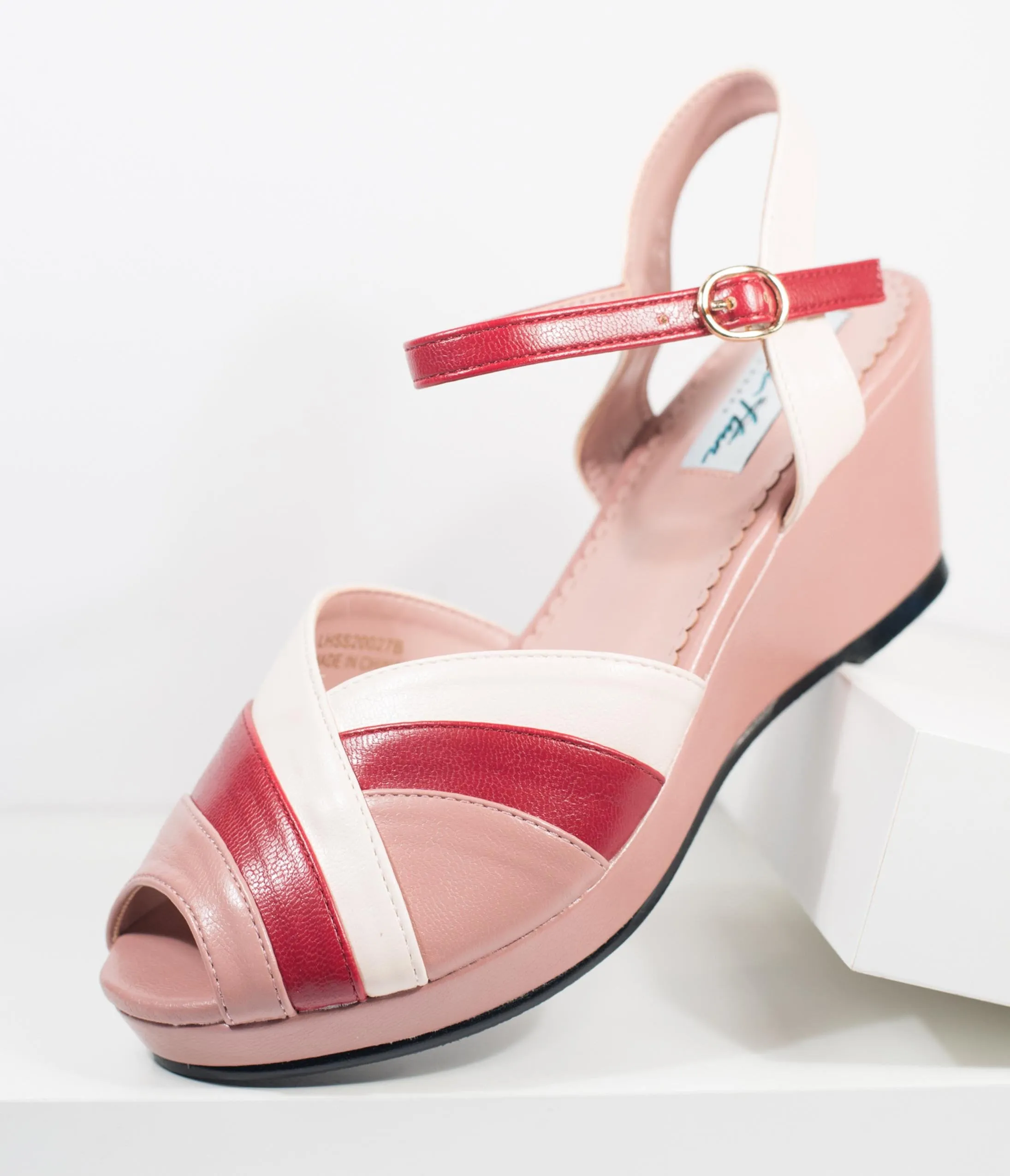 Lulu Hun Beige & Red Leatherette Tonya Peep Toe Wedges