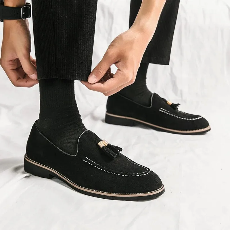 Men's Tassel Suede Leather Slip-On Moccasins | Retro Designer Pointed Toe Banquet Shoes