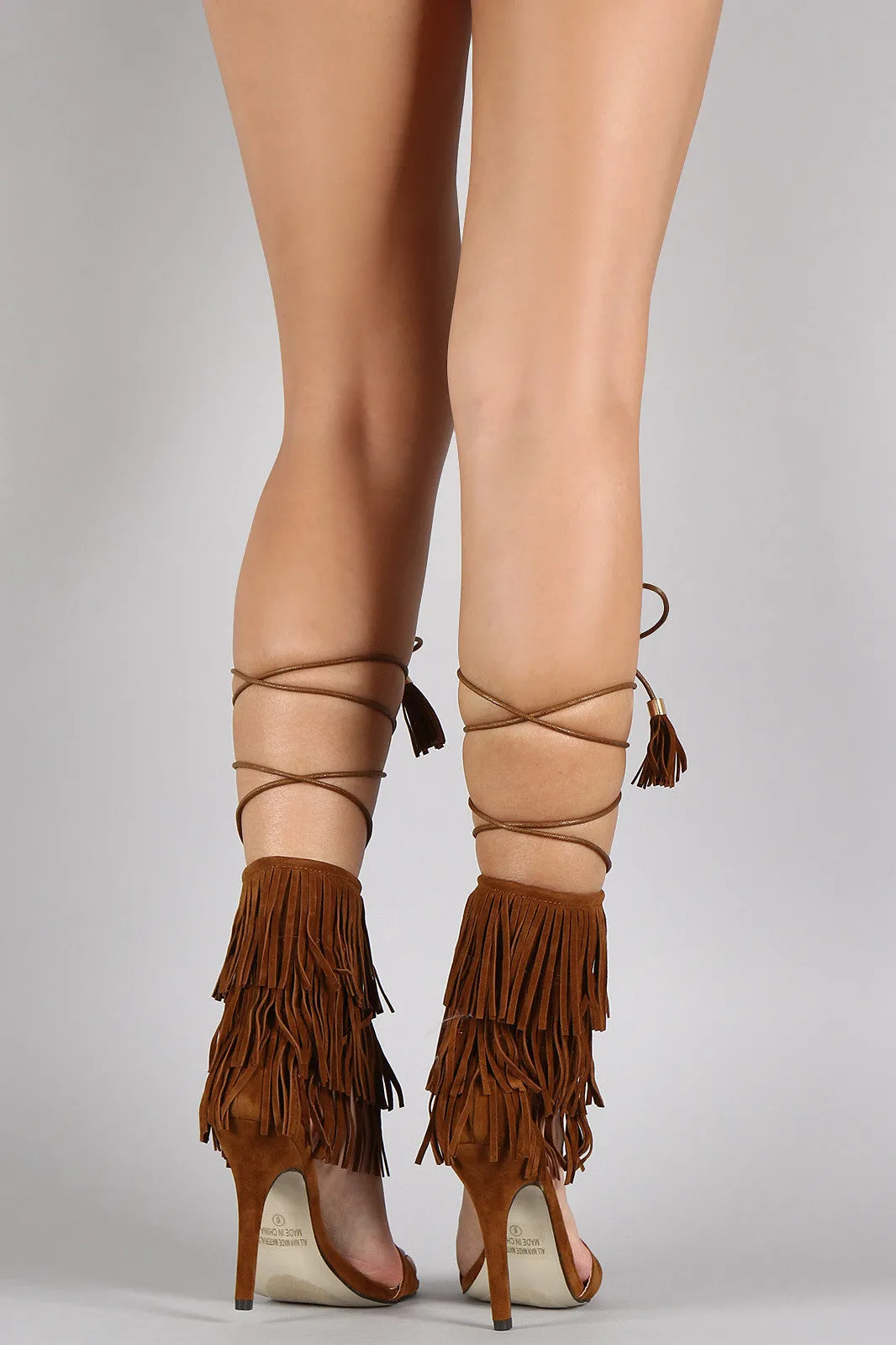 Misty -  Fringe Cuff Tassel Lace Up Open Toe Heel