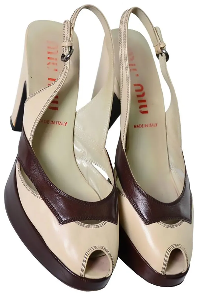 Miu Miu Chunky Slingback Peep Toe Vintage Two Toned Heels 8.5