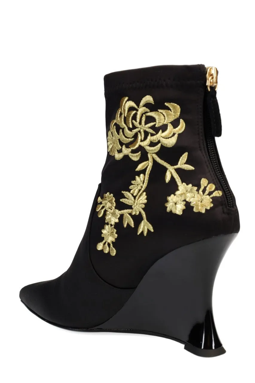 Neko Satin Embroidery Wedge Ankle Boot