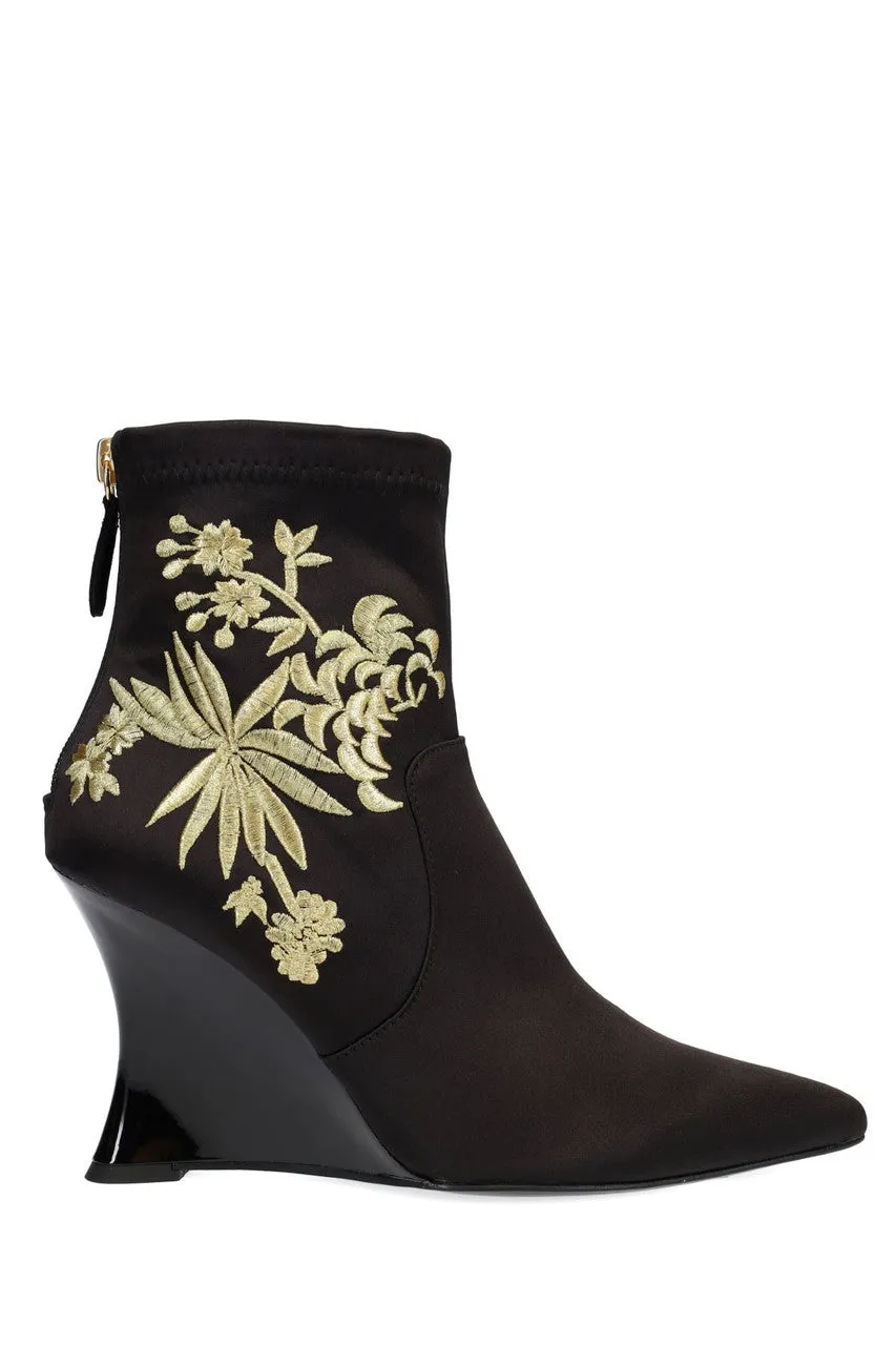 Neko Satin Embroidery Wedge Ankle Boot