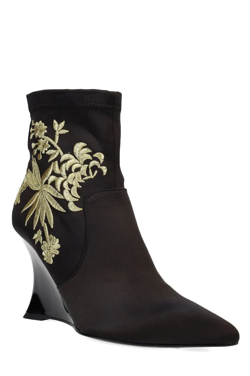 Neko Satin Embroidery Wedge Ankle Boot