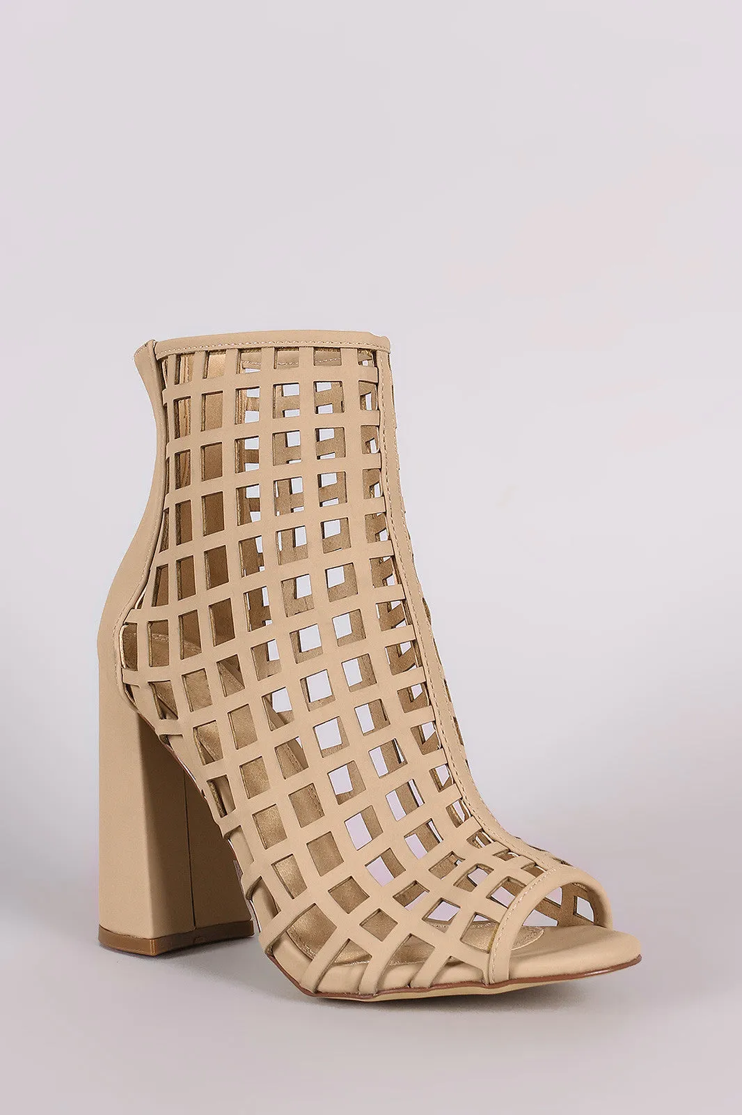 Nubuck Chunky Heeled Peep Toe Cage Booties