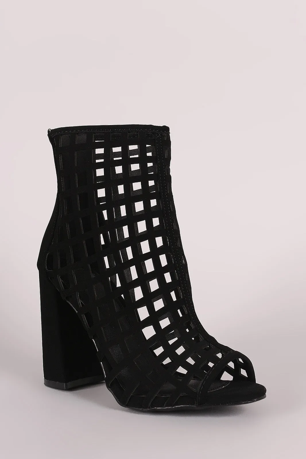 Nubuck Chunky Heeled Peep Toe Cage Booties