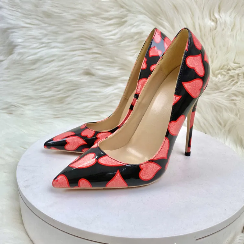 Printed Heart Patent Stiletto Heels