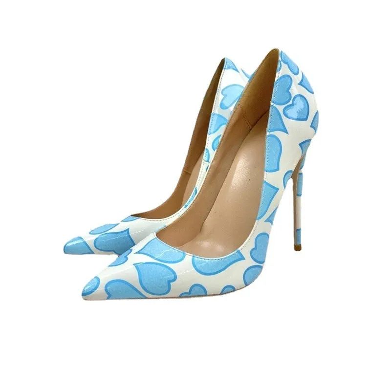 Printed Heart Patent Stiletto Heels