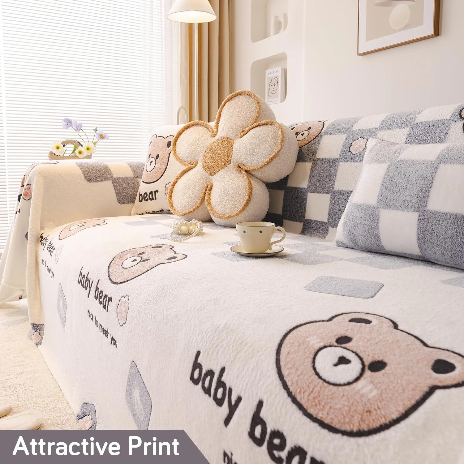 Soft and Cozy Fully Covered Velvet Plush Sofa Throw for 1/2/3-Seater, Baby Bear