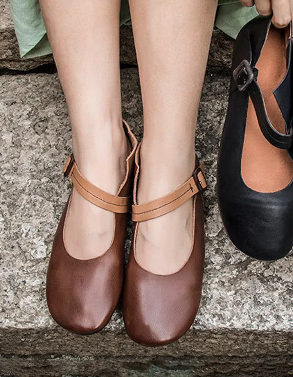 Spring Buckle Simple Retro Leather Flats