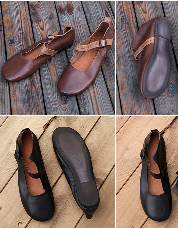 Spring Buckle Simple Retro Leather Flats