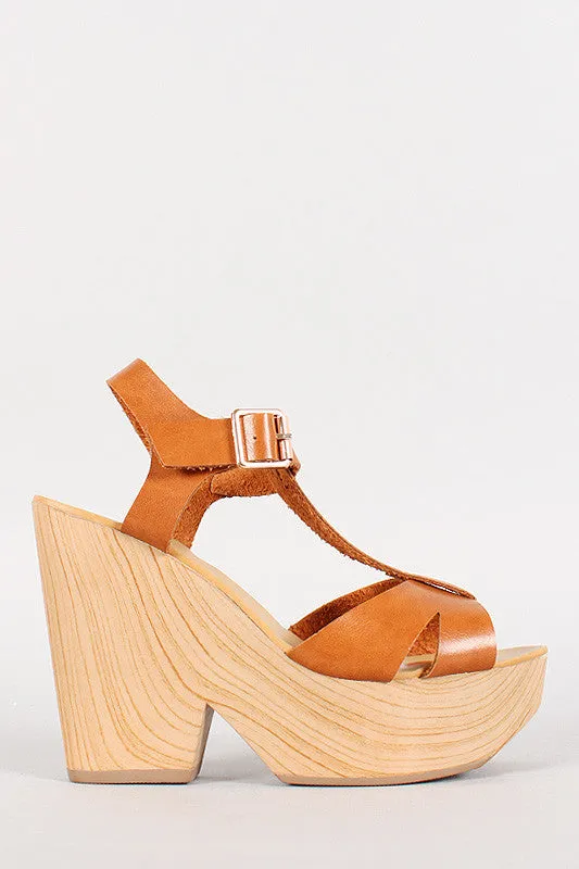 T-Strap Open Toe Buckle Faux Wood Heel