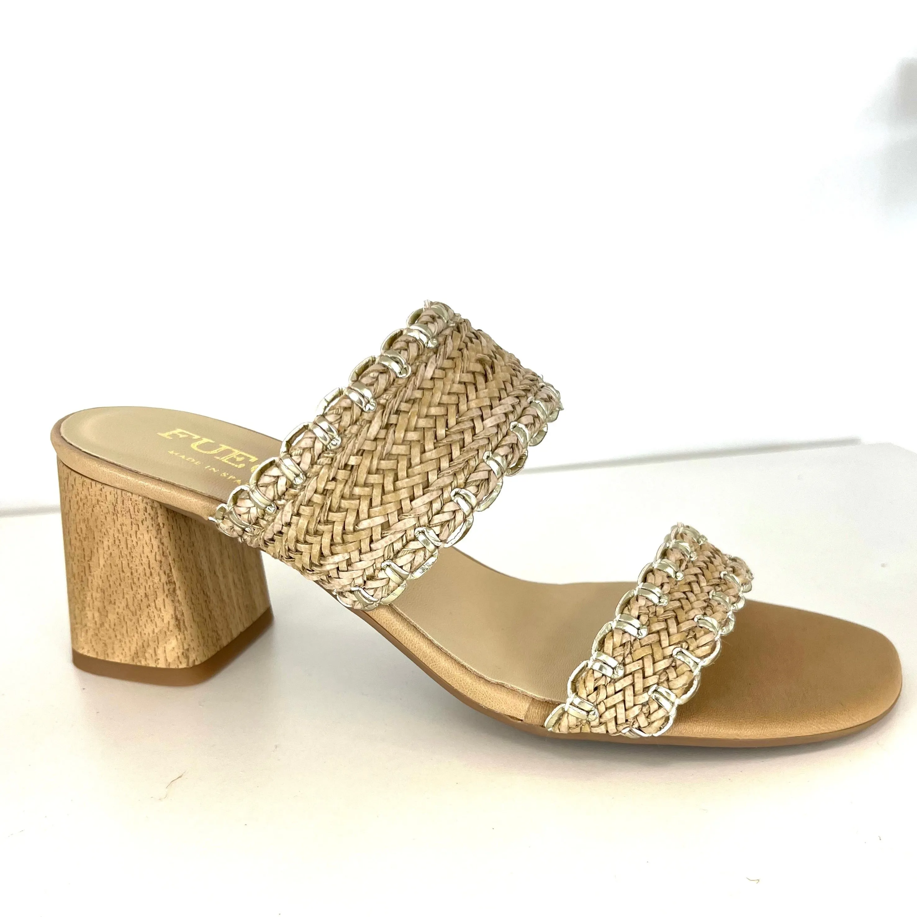 The Woven Leather Dual Band Slide with Metallic Whipstitch in Natural