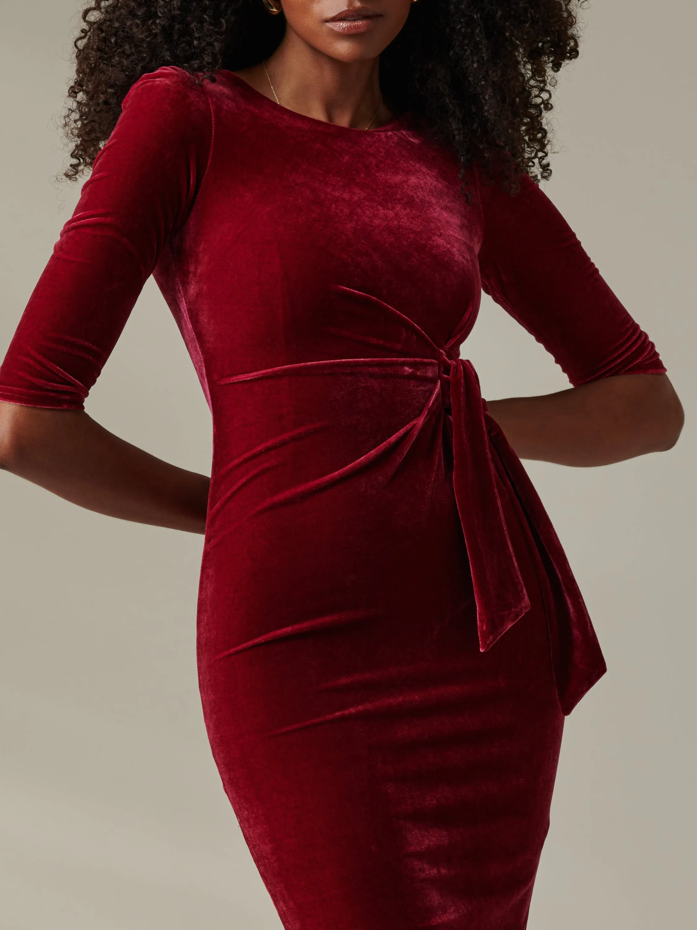 Velvet Side Tie Midi Dress, Wine