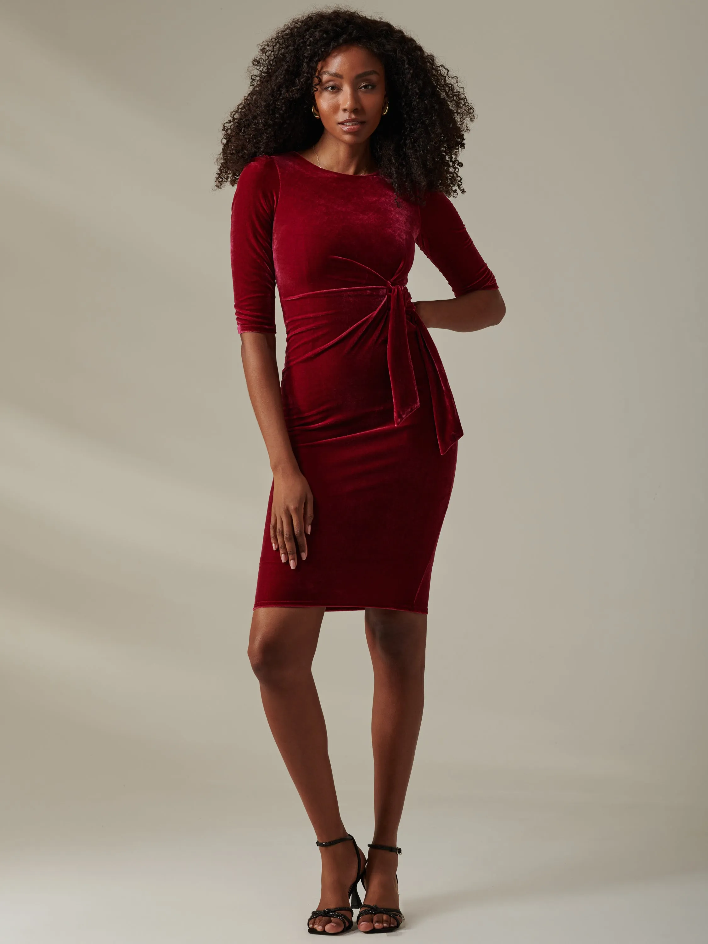 Velvet Side Tie Midi Dress, Wine