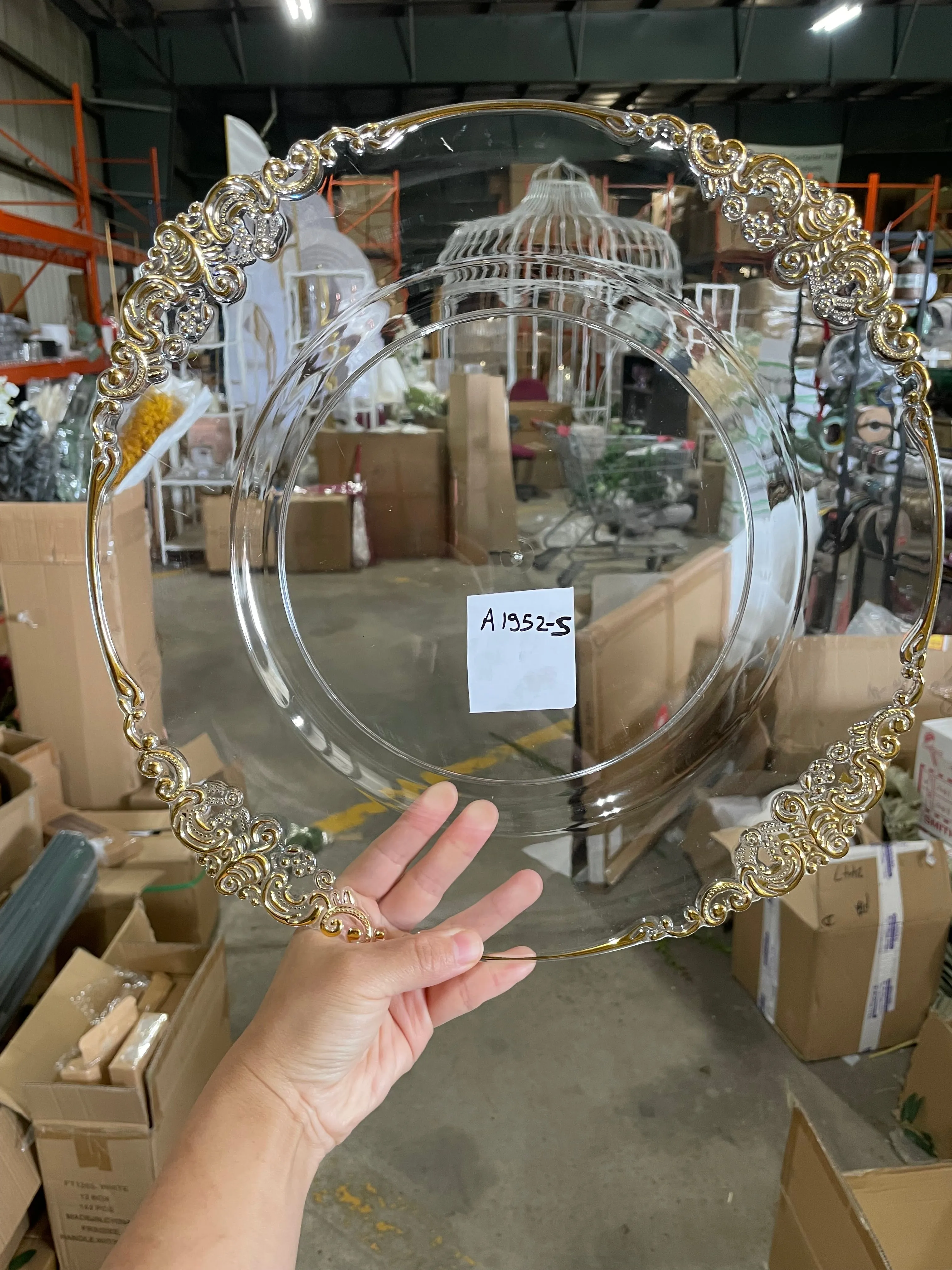 Vintage Acrylic flower Charger Plate Clear and Gold A1952-S