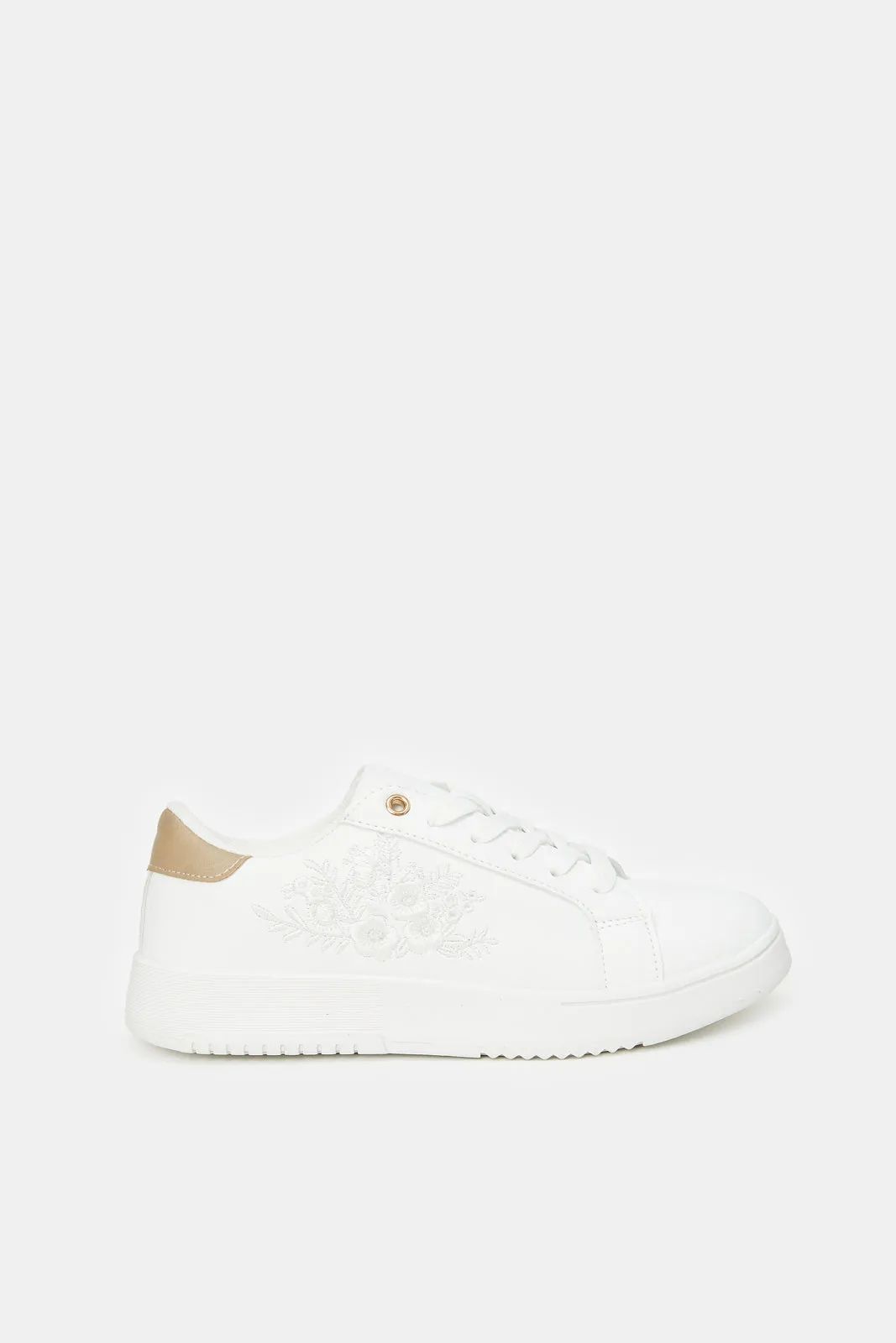 Women White Embroidered Lace Up Sneaker